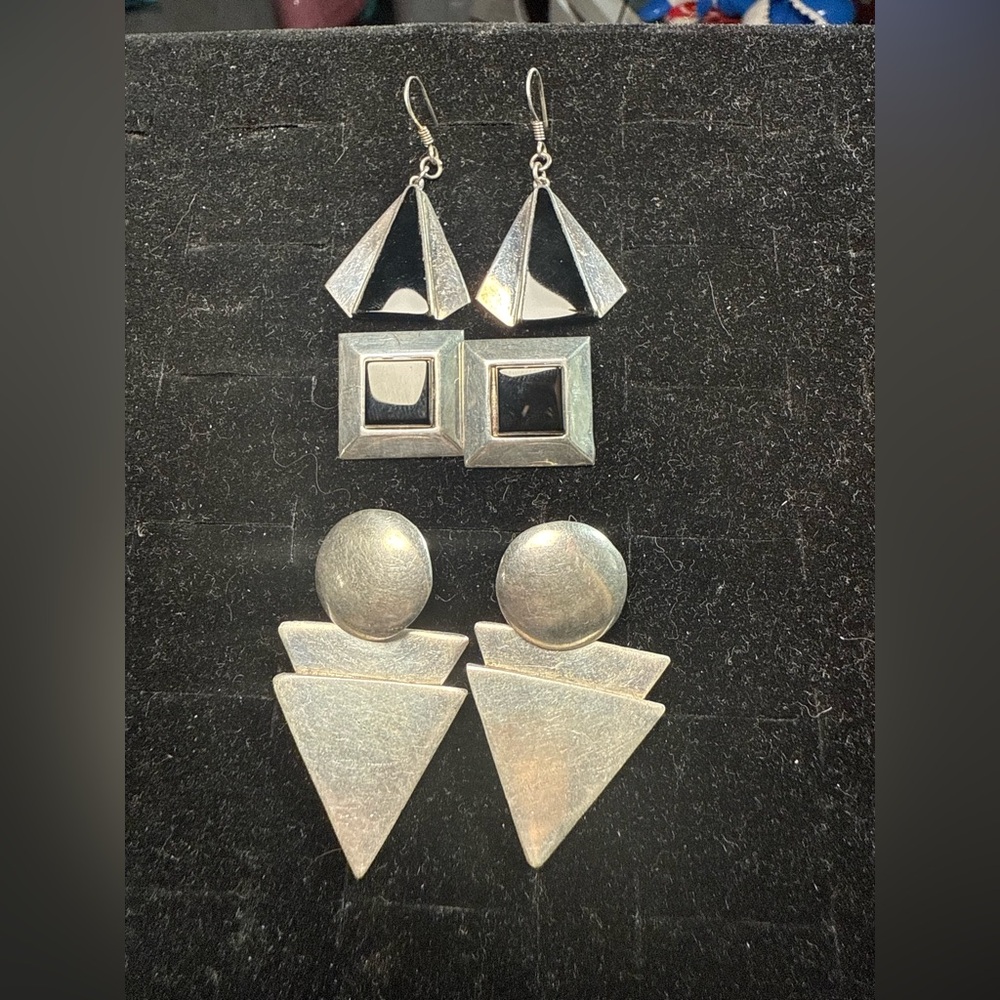 Bundle Vintage 80s Style Silver Tone Geometric Earrings‎ Set